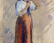 卡米耶毕沙罗 - Young Woman Knotting Her Hair